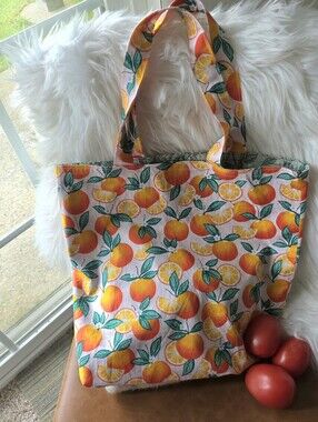 Reversible Orange/Floral Print Tote Bag 15x15
